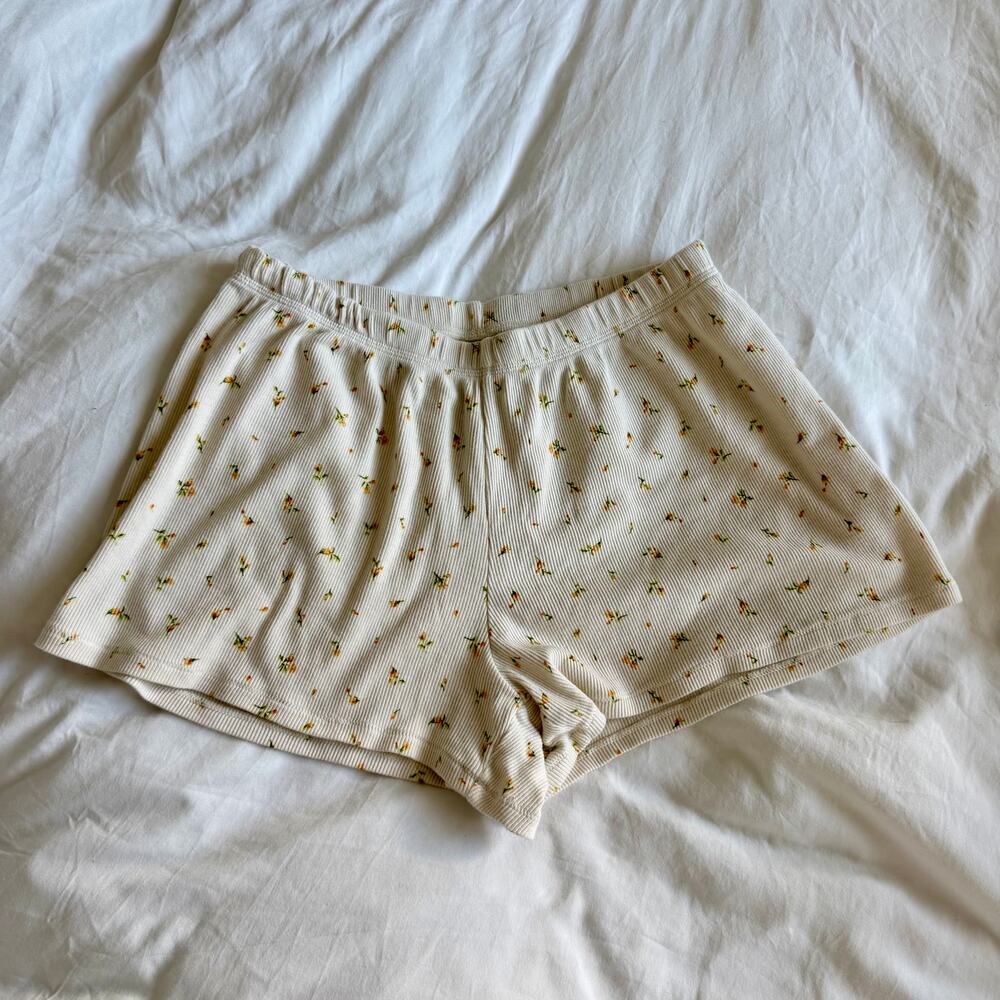 SKIMS Lounge Cream Cotton Shorts with Yellow Floral Ditsy Print Size S